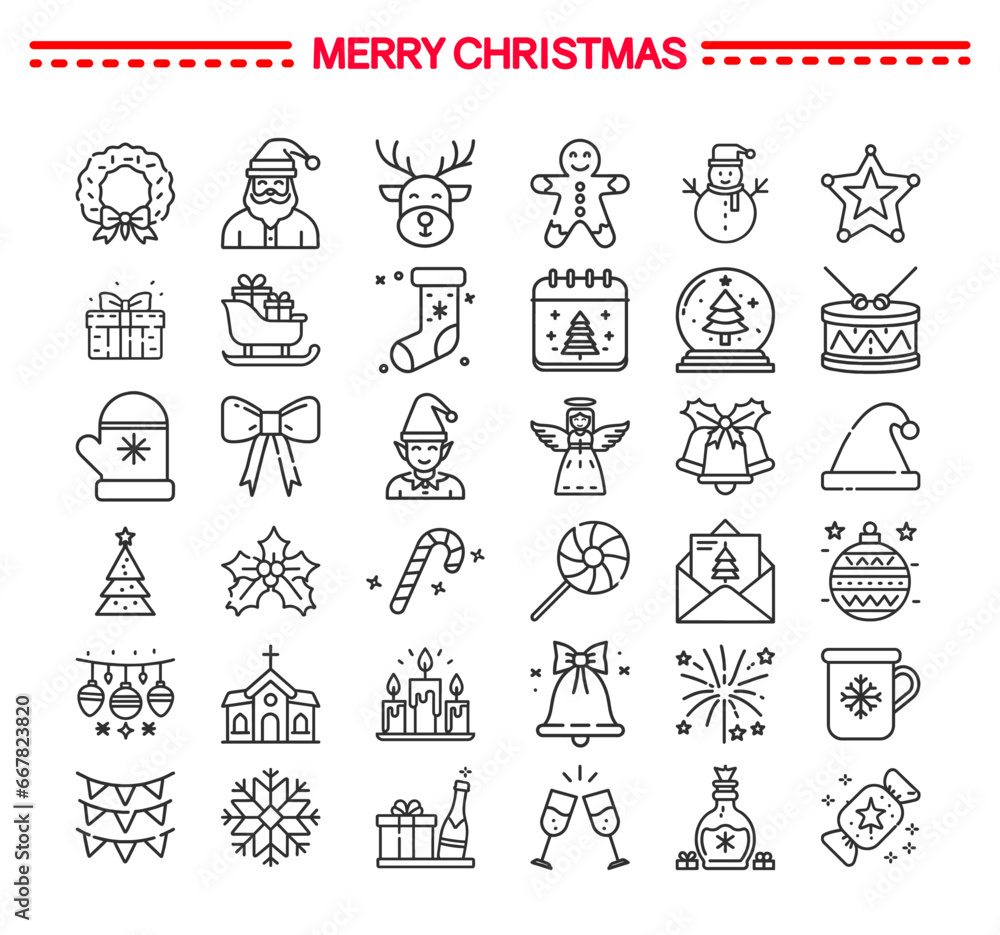 Christmas icon collection, winter holiday background, xmas decoration elements, noel ornaments, festive backdrop, vector illustration, outline icons set.