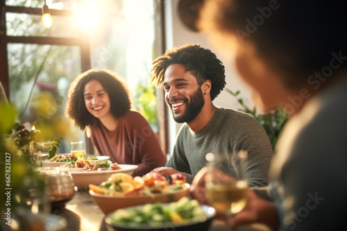 Multiracial friends having fun and eating together at home photo