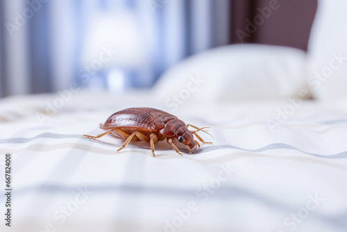 Bedbug on sheet on bed in bedroom close-up