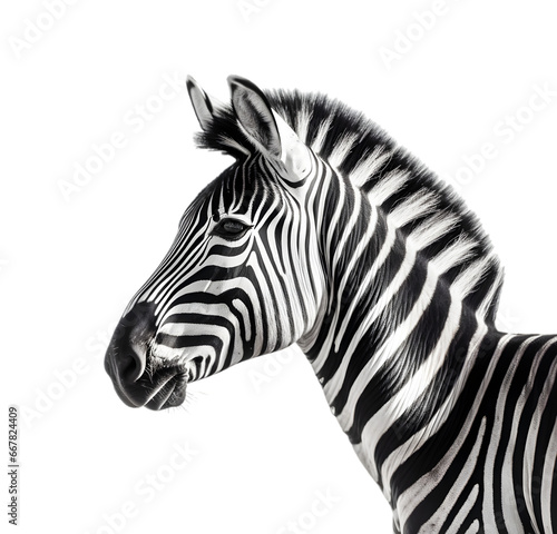 Side view   portrait of zebra face to left side  isolated on transparent background  close up shot. 