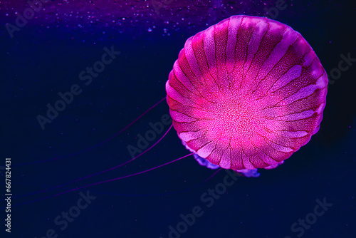 Illuminated The South American sea nettle (Chrysaora plocamia) in blue water. Isolated on dark background