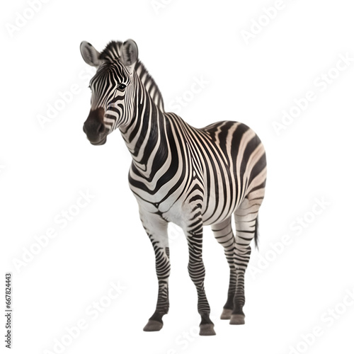 half side view  zebra stands against transparent background  face to left side. 