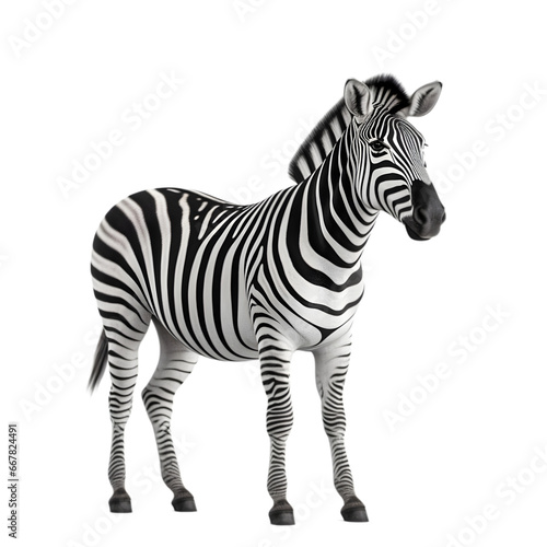 half side view, zebra stands against transparent background, face to right side. 