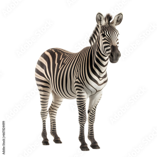 front view  Zebra stands against transparent background  facing to camera. 