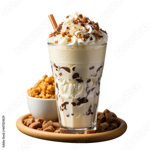 Front view close up of butter pecan milkshake with ingredients kept on the side isolated on a white transparent background