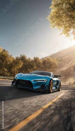 a blue sports car driving down a mountain road in front of the sun