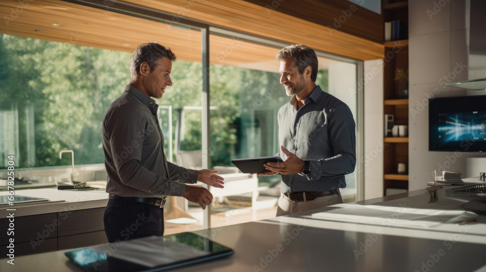 A pleased homeowner discussing smart home technology with an expert. A pleased homeowner discussing smart home technology with an expert.