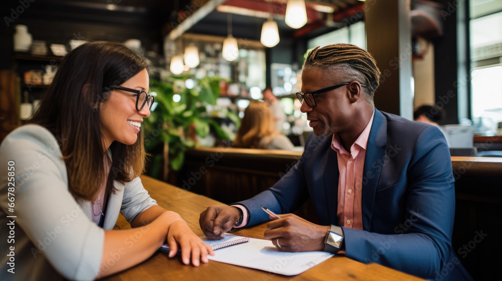 A delighted entrepreneur seeking guidance from a financial advisor for their startup. A delighted entrepreneur seeking guidance from a financial advisor for their startup.