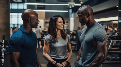 A happy couple meeting with a personal trainer for customized fitness plans.