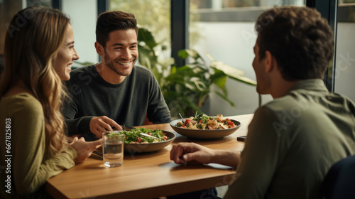 A satisfied couple meeting with a nutritionist for a customized meal plan.