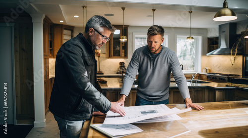 A satisfied homeowner consulting with an architect for a home renovation project.