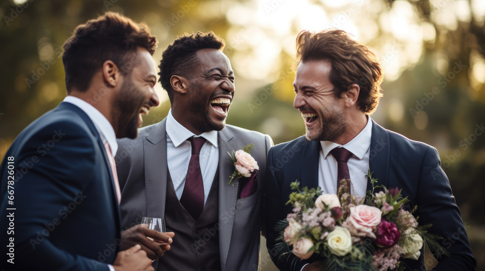 A couple laughing together while consulting with a wedding planner for their celebration.