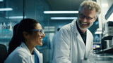 A scientist and lab technician sharing a joke during a research collaboration.