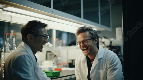 A scientist and lab technician sharing a joke during a research collaboration.