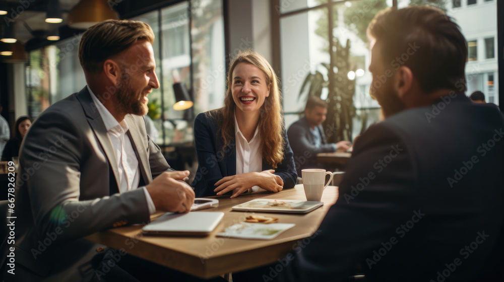 Entrepreneurs and potential investors sharing a light-hearted moment during a startup pitch. Entrepreneurs and potential investors sharing a light-hearted moment during a startup pitch.