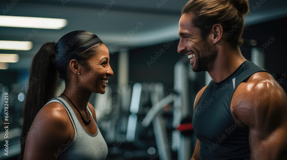 A fitness trainer and client sharing a positive moment during a workout session. A fitness trainer and client sharing a positive moment during a workout session.