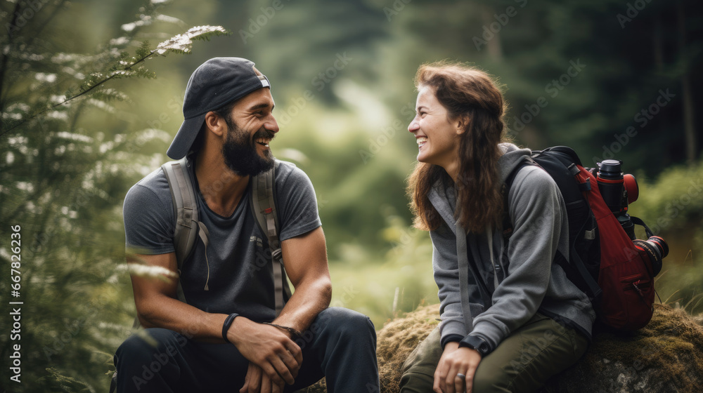 A photographer and model sharing a quiet laugh while planning a photoshoot.
