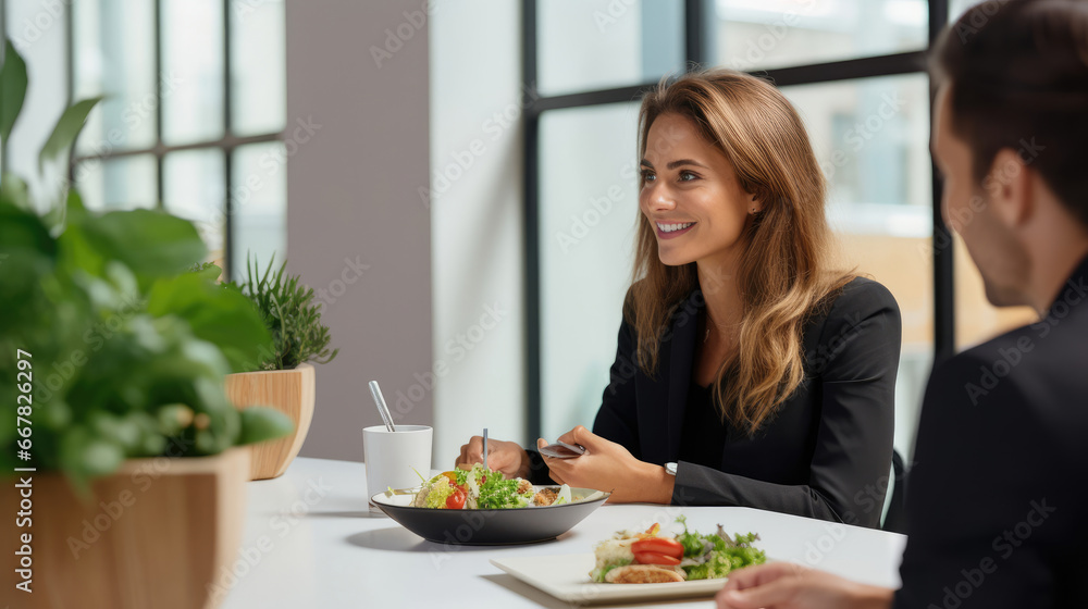 A health-conscious individual meeting with a nutritionist in a bright office both smiling as they plan a personalized meal plan.