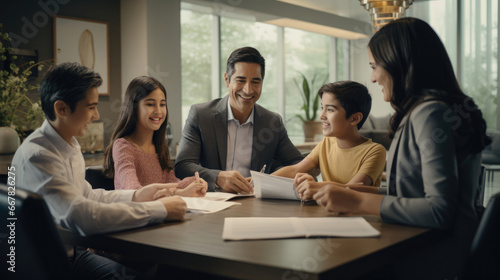 A family meeting with an estate planner all wearing smiles as they secure their financial future.