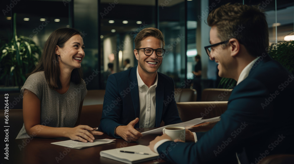A start-up team strategizing with a financial analyst all smiles as they plan for growth. A start-up team strategizing with a financial analyst all smiles as they plan for growth.