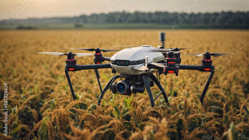 Drone quadcopter with digital camera flying over agricultural field. Technology concept. © igor.nazlo