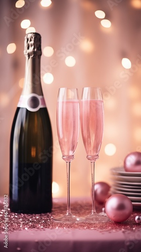 Rose Champagne bottle and glasses of sparkling wine with sparkler in it on light background with bokeh and holiday lights. Festive concept