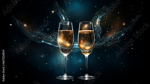 Wine glasses champagne toast with space galaxy background, amazing night starry background, dark turquoise and light gold, swirling vortexes