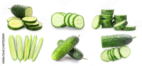 Set of green cucumbers isolated on white
