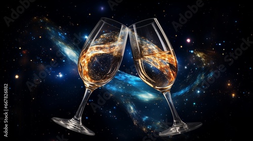 Wine glasses champagne toast with space galaxy background, amazing night starry background, dark turquoise and light gold, swirling vortexes