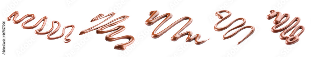 Naklejka premium Set of melted milk chocolate on white background
