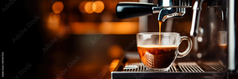 Espresso streaming from coffee machine background with empty space for text  - obrazy, fototapety, plakaty 