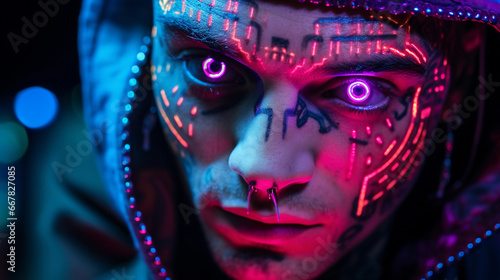 Cyberpunk - themed close - up  glowing neon tattoos on the face  reflective cybernetic eye