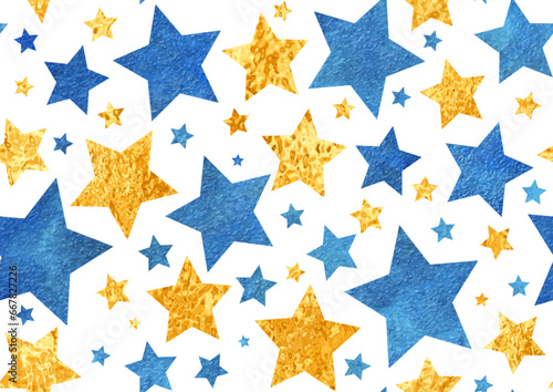 Seamless holiday pattern with gold and blue stars vector texture  on white background for wrapping paper. Christmas illustration.  Bright color stars pattern. Festive background. Birthday backdrop.