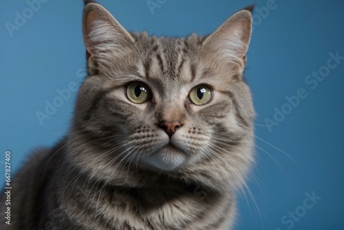 Striped gray cat in the hands of a doctor on a blue background. Examination of a cat, vaccination in a veterinary clinic for animals. Health