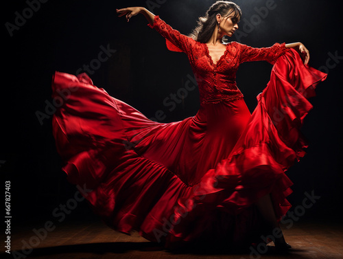 Flamenco dancer, red flowing dress, intense emotion, wooden stage, foot - stomping action, castanets in hand, warm spotlight