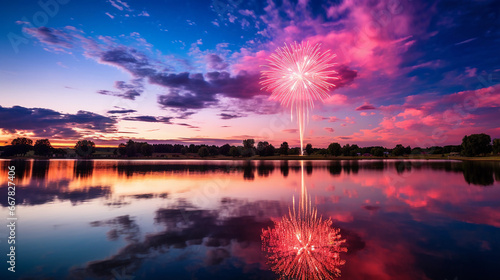 Fireworks exploding over a serene lake, reflection on water, 4th of July, vivid colors