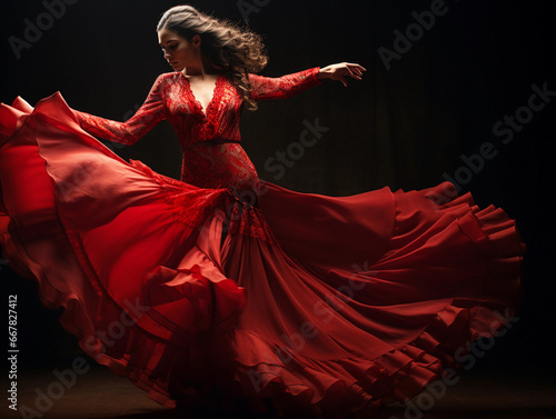 Flamenco dancer, red flowing dress, intense emotion, wooden stage, foot - stomping action, castanets in hand, warm spotlight photo