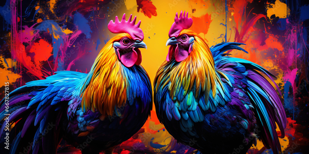 Psychedelic chickens, vibrant and clashing color palette, multi - exposure