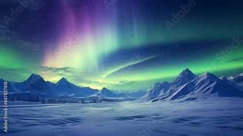 Illustration of a snow landscape with mountains and the green northern light in the sky