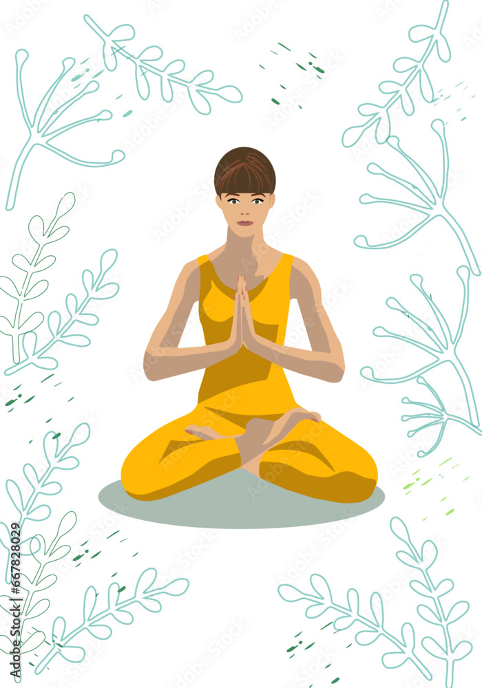 a girl in a yellow suit meditates among tropical plants in the lotus position