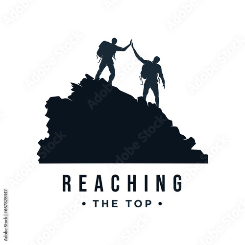 Silhouette collection of team together reaching the top of mountain peak. Teamwork, togetherness, success, victory, goal, achievement. Vector illustration concept
