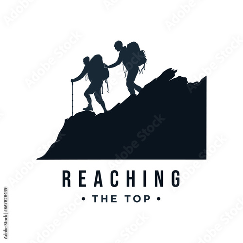 Silhouette collection of team together reaching the top of mountain peak. Teamwork, togetherness, success, victory, goal, achievement. Vector illustration concept