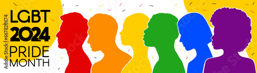 LGBT long banner. Silhouettes of diverse people are painted in the colors of the rainbow. Pride Month 2024. A place for text. Vector flat illustration..