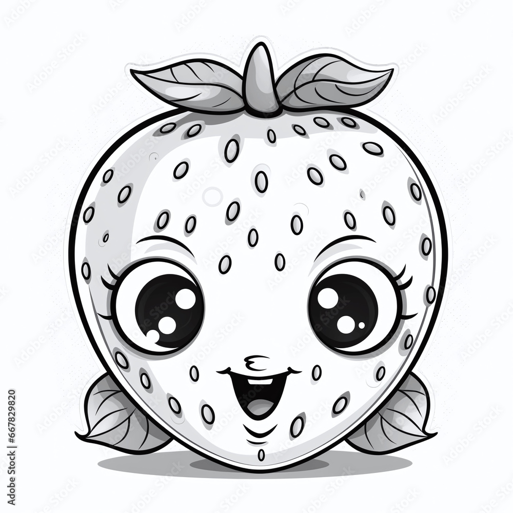 Obraz premium Cartoon strawberry in black and white, smiling at everyone, cheerful illustration, sticker, coloring book