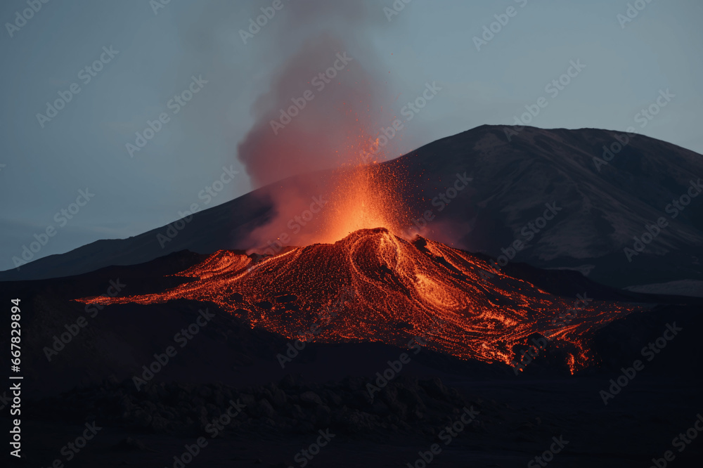 An awakened volcano, lava eruption after an earthquake, beautiful lava from a volcano at night.