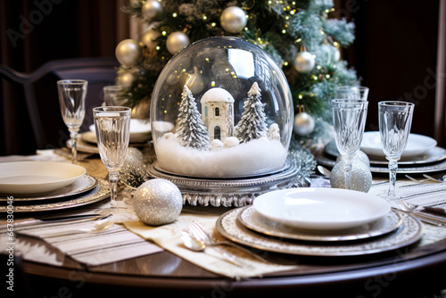 Christmas table setting with festive tableware, Magic Snow Ball and white decor for Christmas celebration