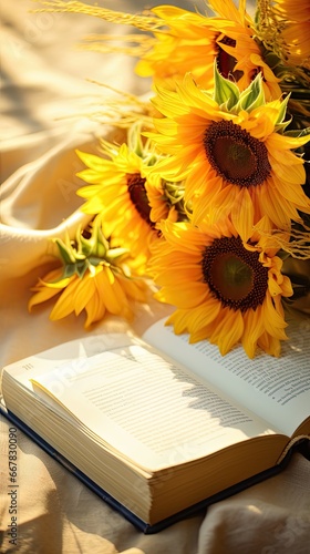 Sunflower diary pages. Sunlit scene of a parchment diary surrounded by bright sunflowers. Romantic autumn book cover, wallpaper texture, anniversary card or event background. Vertical oriented. 