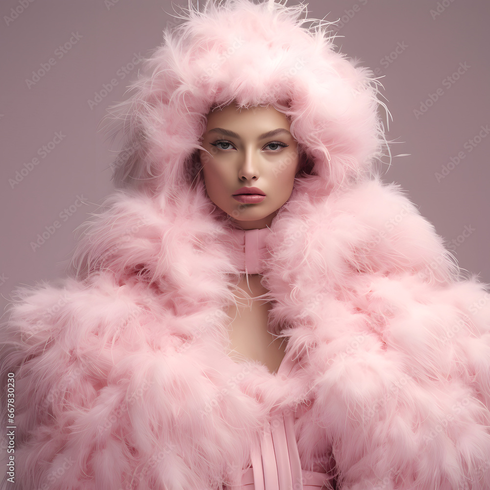 Beautiful woman wears fluffy modern outfit with hood, winter holidays trends, pastel pink background.