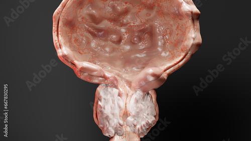 Benign prostatic, Enlargement and inflammation of the prostate, hypertrophy, hyperplasia (BPH), male reproductive system, bladder anatomy, urology, enlarged prostate gland, Prostatitis, 3d render