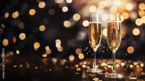 A festive celebration with sparkling wine and glittery decorations, With copyspace.